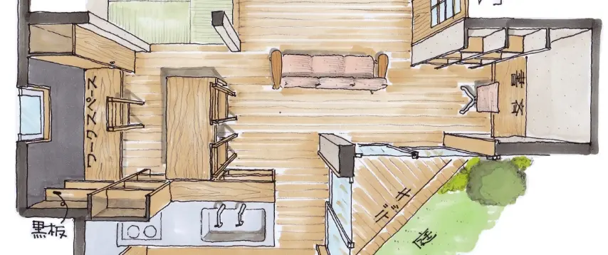 手描きの家の平面図、部屋の配置と家具